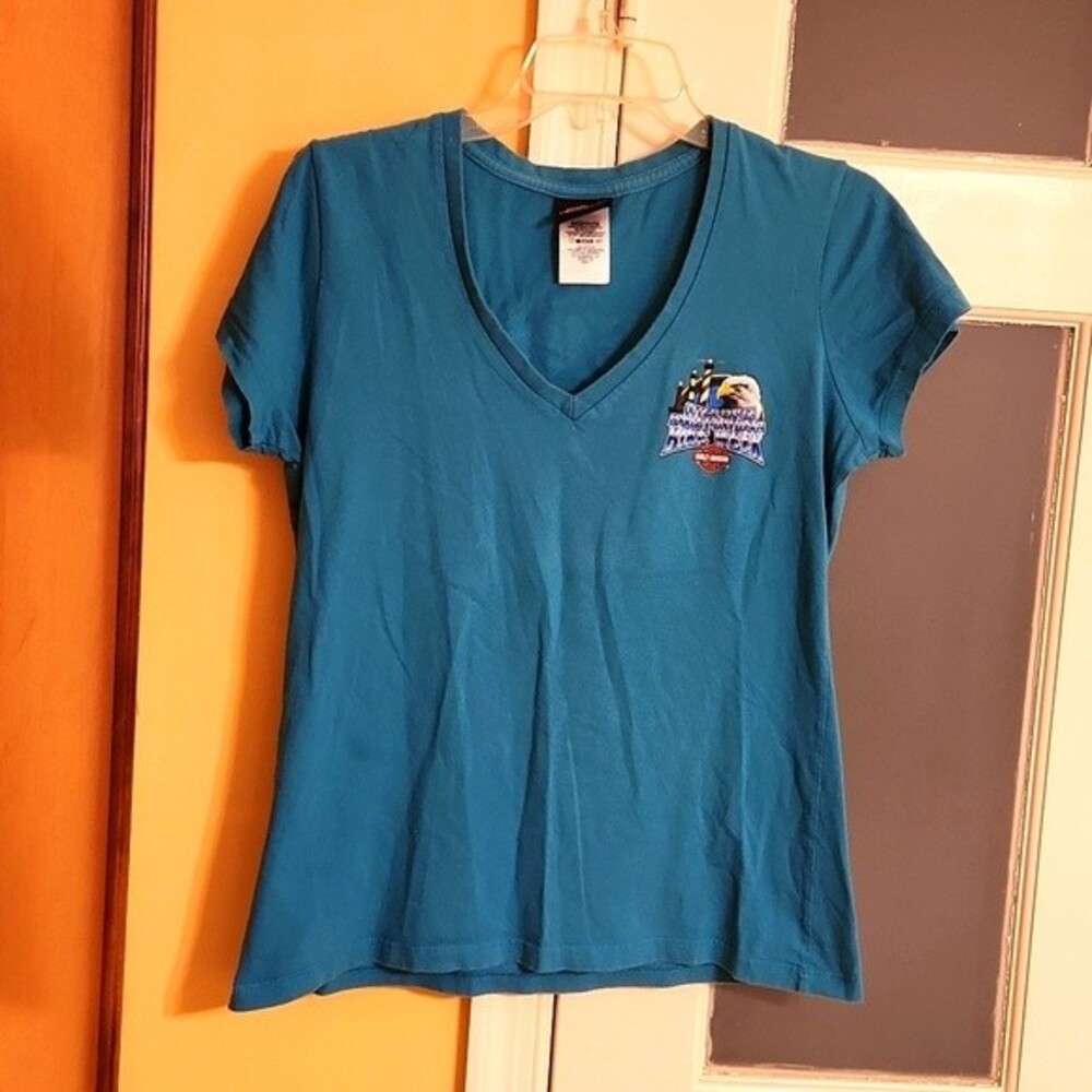 Harley Davidson Outer Banks Bike Week Women's Blue V-neck Shirt Size L